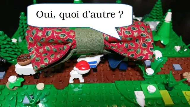 Des bonhommes lego portent un noeud papillon beaucoup plus gors.
L'autre dit "Oui quoi d'autre ?"