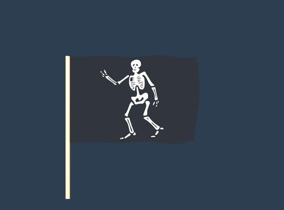 A randomly generated pirate flag. Elements of the flag may include skeletons, skulls, pirates, crossed bones, hourglasses, hearts, and swords.