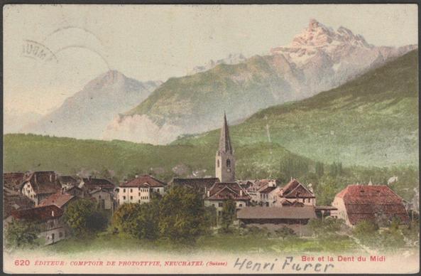 Printed colour postcard showing a view of Bex in Vaud, Switzerland and with the Dent du Midi behind.

Published by Comptoir de Phototypie, Neuchâtel, No 620, undivided back.

Postally used on 20 July 1903 with Ambulant No 8 St Maurice cancellations on green 5 centimes stamp and sent to Hans Langendorf, Avenue des Alpes, Lausanne and with receipt postmark for Lausanne for the same day.

Very good condition, with very slight corner bumps.