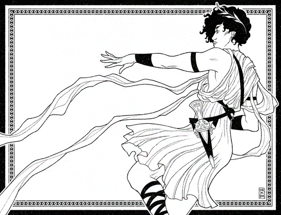 Ilustración a línea en blanco y negro representando a un hombre joven casi de cuerpo entero. Tiene cabello rizado y negro, viste una túnica griega, brazaletes y una corona de laurel, y lleva un puñal en una funda atada a la cintura. Extiende uno de sus brazos en una pose delicada y lánguida, como si estuviera cayendo e intentase agarrar a alguien de la mano. La expresión de su rostro es serena y melancólica.
—
Black and white illustration depicting a young man almost in full body. He has curly black hair and is wearing a greek tunic, bracelets, a laurel wreath, and a dagger into a sheath tied to his hip. He reaches out with a delicate gesture, as if he was falling and tried to hold onto somebody’s hand. His expression is calm and melancholic.