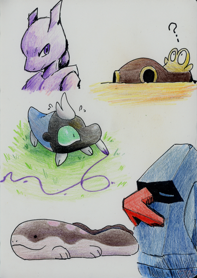 Coloured pencil and ink drawings of the Pokemon Mewtwo, Hippopotas, Shroodle, Clodsire and Nosepass