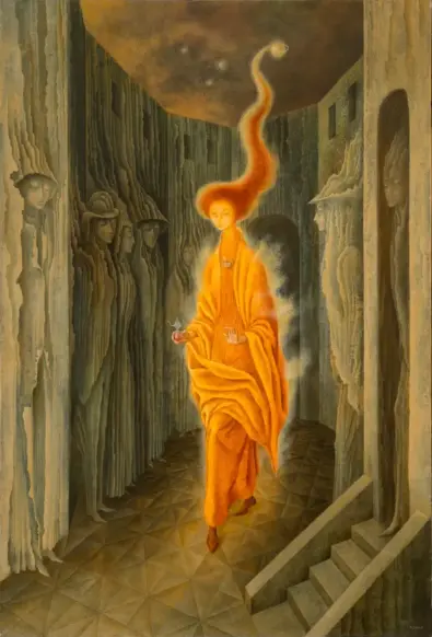 From the museum: “Like many figures in Remedios Varo’s paintings, the subject of The Call (1961) projects a sense of solemn preoccupation, as though in the midst of a momentous adventure. Wearing flowing robes and carrying alchemical tools, including a mortar and pestle at her collar, she traverses a sort of courtyard. Her hair forms a brilliant swirl of light, which seems to bring her energy from a celestial source.

This work reflects Varo’s characteristic color palette: the central figure, illuminated in fiery orange-gold tones, walks through shadowy, more muted surroundings. Precise lines reveal unexpected details, such as walls that appear to entomb figures in tree bark.

Varo’s own features, particularly her large eyes and long, straight nose, often appear in the faces of her protagonists, emphasizing the importance she placed on her perspective as a woman. However, as in The Call, her works do not feature direct self-portraits. The figures are frequently androgynous or not-quite-human alter-egos, with witty and delicate features of fauna or otherworldly creatures.

Varo created this work near the end of her life, while living in Mexico and growing in artistic reputation. It reflects her Surrealist influences and her interests (she dabbled in alchemical experiments) as well as her talent for evoking ambiguous narratives through art.”