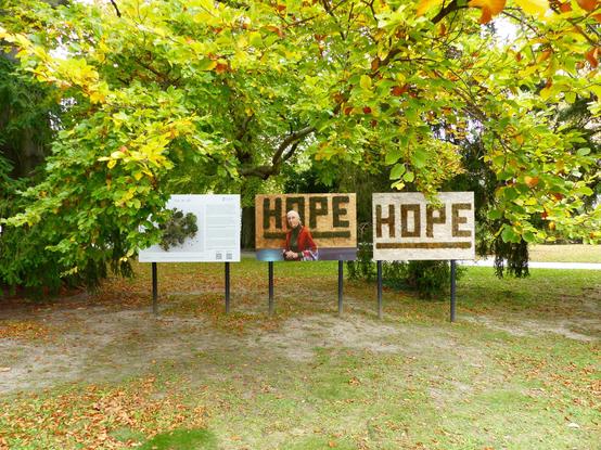 Moos-Graffiti mit dem englischen Wort Hope, daneben ist ein Foto von Jane Goodall vor dem gleichen Graffiti.