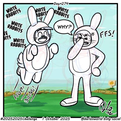 Drawing of Darlo and Anna dressed as white rabbits. Anna looks annoyed, and is asking "Why?", while Darlo is having fun jumping around saying "White Rabbits" over and over.