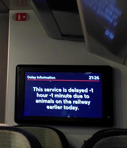 Train display with the message "This service is delayed -1 hour and -1 minute due to animals on the railway earlier today"