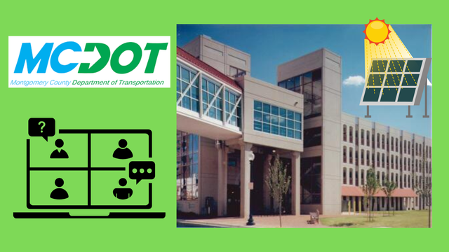 images of mcdot logo / online meeting / parking garage / solar power graphic