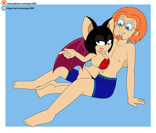 A Sonic Bat OC naked Diana wearing a bikini laying next to a human OC named Cody who is in his trunks