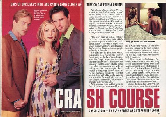 Two-page spread from Soap Opera Digest featuring Christie Clark, Austin Peck, and Roark Critchlow. Large headline introduces storyline tension between Carrie, Austin, and Mike. Photos show actors in stylish 90s attire, smiling and posed in studio shots. Text columns detail romantic complications and behind-the-scenes insights.