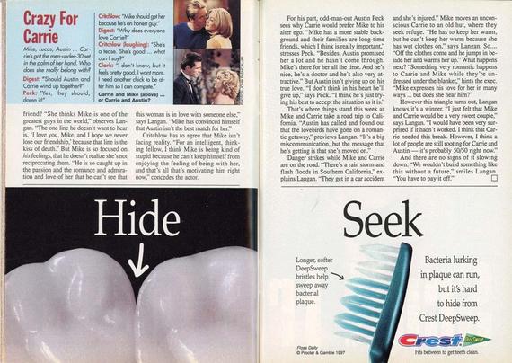 Continuation of feature on Carrie, Austin, and Mike. Multiple candid and posed shots of Christie Clark, Austin Peck, and Roark Critchlow in casual yet polished outfits. Text explores emotional stakes and upcoming plot twists. Layout uses bold pull quotes and colorful sidebars for emphasis.