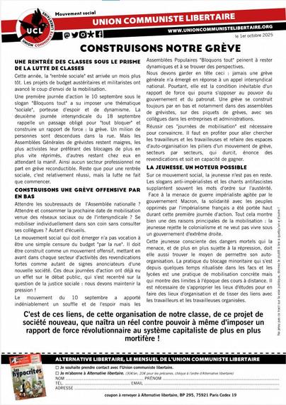 Tract UCL pour le 2 octobre : Construisons notre grève à lire sur notre site à partir de demain soir.