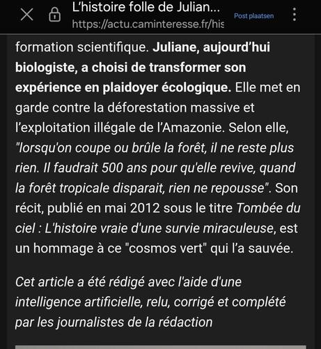 Screenshot du site montrant l'adresse et la fin de l'article, indiquant en italique "Cet article a été rédigé avec l'aide d'une intelligence artificielle, relu, corrigé et complété par les journalistes de la rédaction"
