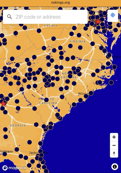 Map showing locations of the “No Kings 2.0” protests to be held in North Carolina on Saturday, October 18th, 2025.