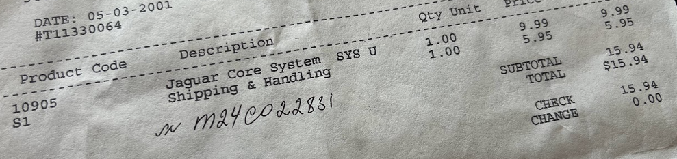 Receipt from my Atari Jaguar purchase, showing a date of May 3rd, 2001, and a console price of $9.99, shipping of $5.95, and a total of $15.94.