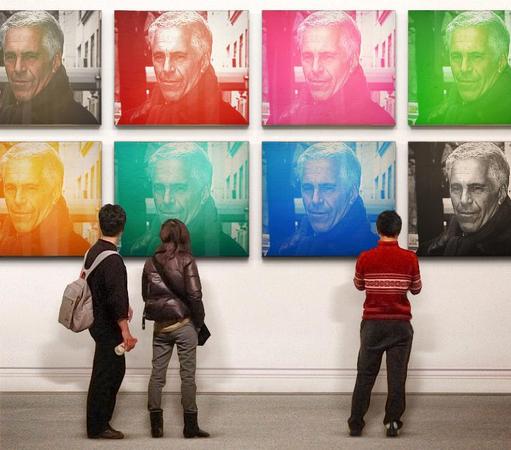 People in an art gallery looking at a series of Warhol-ized portraits of Jeffrey Epstein.