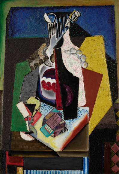 A Cubist still life, depicting a tabletop with a book, a bottle or two, perhaps a coaster, perhaps a glass, and a box of matches.
