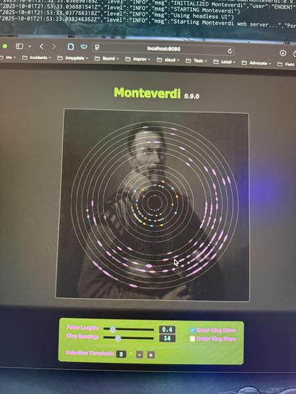 Screenshot of a web-based tool with a portrait of Monteverdi as a blurred background, with concentric rings of metrics flowing around in circles as they're captured and streamed through pattern recognition.