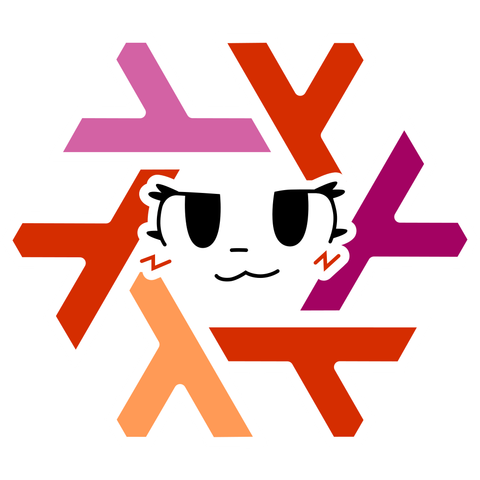 Nix Flake logo in the colors of Lix (dark orange, light orange, light pink-puple and burgundy) with a white outline and background, resembling the colors of the lesbian pride flag. In the middle there is a feminine boykisser-like cartoon face, comprised of a cute, seductive facial expression and zigzag blushing and cute eyelashes