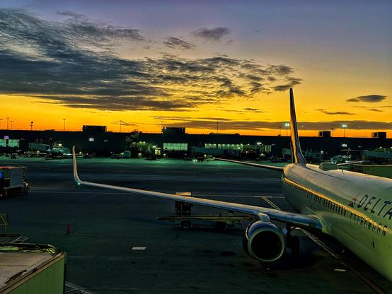 The image depicts an airport scene during sunset. In the foreground, a Delta Airlines airplane is parked on the tarmac, with its wing and engine visible. The airplane is white with the Delta logo and name on the fuselage. The background features airport buildings and other aircraft, illuminated by artificial lights. The sky is a vibrant mix of orange, yellow, and blue hues, with scattered clouds. The lighting suggests it is either early morning or late evening, with the sun setting behind the clouds. The overall atmosphere is calm and serene, with the warm colors of the sunset contrasting against the cool tones of the airport infrastructure.