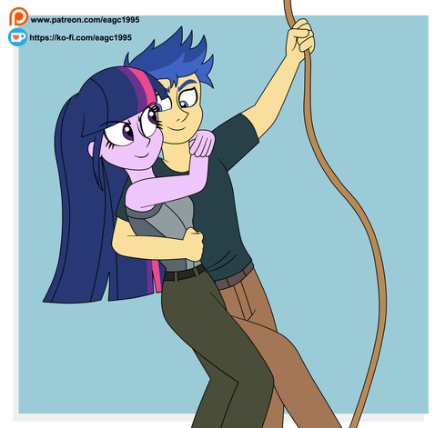 Twilight Sparkle as Lara Croft from Tomb Raider holding into Flash Sentry as Nathan Drake from Uncharted as he swings from a rope. Twilight Sparkle sleeves a sleeveless top and pants, while Flash Sentry wears a T-Shirt and pants