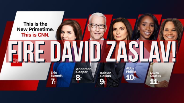 CNN lineup with superimposed caption: FIRE DAVID ZASLAV.
