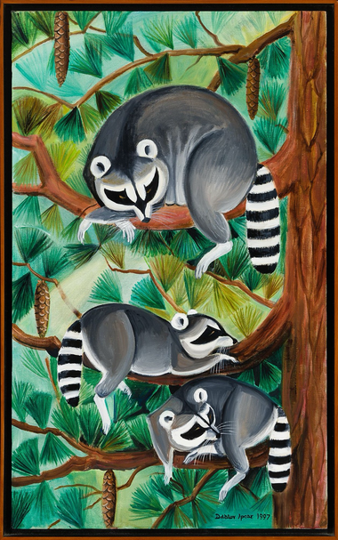 Oil painting depicting a trio of raccoons each resting on its own branch of a large pine tree (arranged vertically, top one facing left, middle one right, bottom one left)