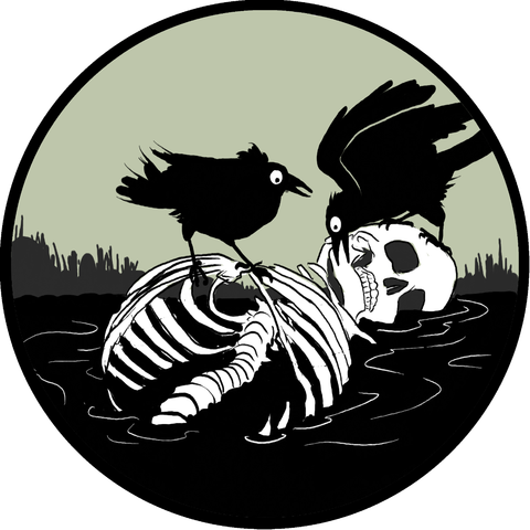 a very serious skeleton lying in a black marsh with two goofy crows dorking around on top of it