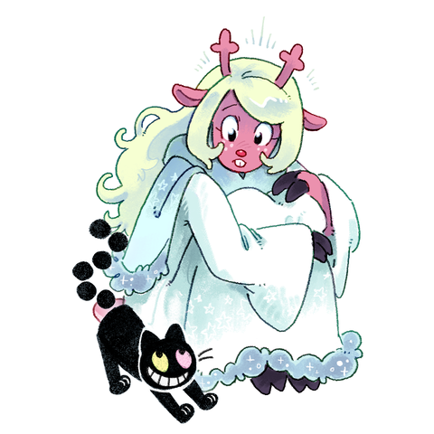 Noelle in an angelic dress sitting down, next to Spamton kitty