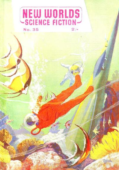 An underwater scene with tropical fish, some kind of craft on the sea bed in the background, and an unconscious-looking figure in a suit which is leaking bubbles, another figure in a different kind of suit approaching in the middle distance.
New Worlds magazine cover from 1955.