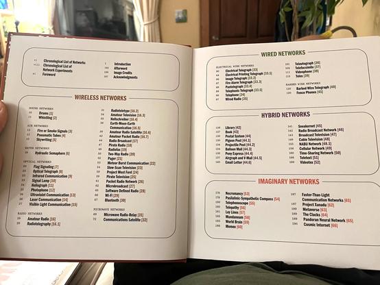 Photo of the table of contents of the book Other Networks by Lori Emerson. It takes up two large pages.