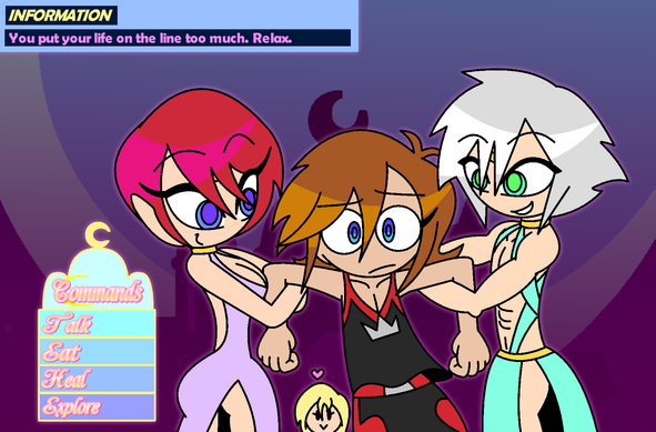 Mesmeric Sora confused as an entranced Kairi and Riku carry him by his arms towards Neo Queen Serenity's palace. Namine is in the background and apparently finds it cute. The usual Kingdom Hearts command menu and information bar are present, but have been altered.

Information: You put your life on the line too much. Relax.

Commands: Talk, Eat, Heal, Explore