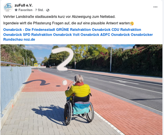 Vehrter Landstraße stadtauswärts kurz vor Abzweigung zum Nettebad.
Irgendwie wirft die Pflasterung Fragen auf, die auf eine plausible Antwort warten🤔