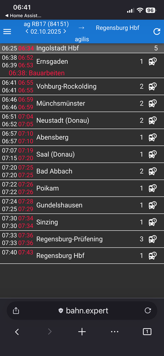 Fahrplan des RB17 von Ingolstadt nach Regensburg mit Verspätung an jedem Stopp