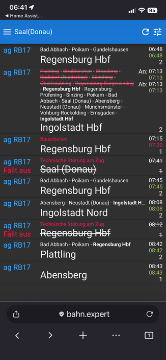 Übersicht der Verbindungen zwischen Regensburg und Ingolstadt mit multiplen Ausfällen und Verspätungen
