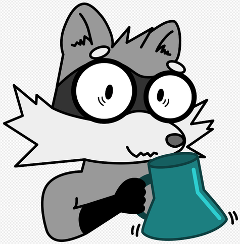 screenshot of our little wired gray raccoon friend all vectored up with basic flat coloring, raktajino mug is teal