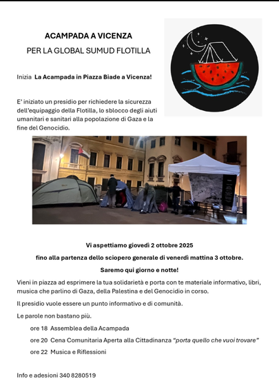 Acampada per la GSF ora in corso in centro a Vicenza. Unisciti a noi!