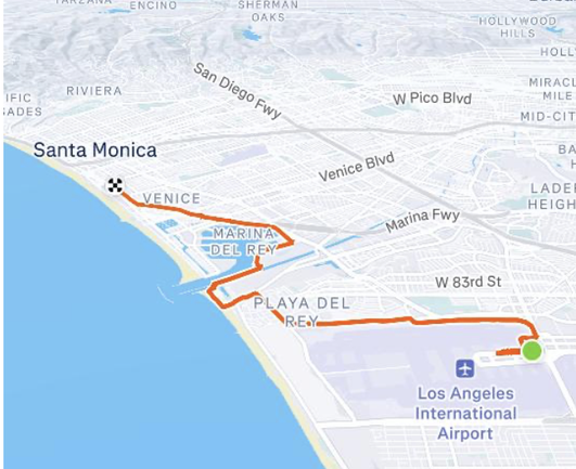Screencap of a map showing a route from LAX to somewhere about Venice Beach.