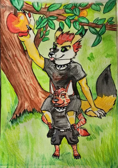 Traditonal artwork using watercolors. From a top down perspective you see an orange-yellow folf grasping for an apple hanging from a tree. The folf sits on the shoulders of a hyena in order to reach the apple. Both the folf and the hyena are wearing black clothes and a collar with spikes