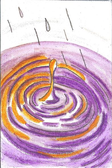 Dessin d'une goutte de pluie qui tombe dans une flaque, on y voit le choc et les ondulations de l'eau. Couleurs : jaune et violet