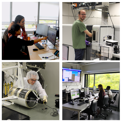 A collage of four photographs showing doctoral researchers in various work settings. From left to right and from top to bottom, the four pictures show: Two young women, one sitting and one standing, in front of computer screens on a desk in an office, looking at the screens and pointing. A young man in a light mint green T-Shirt in a lab environment, standing with his back to the viewer, his body facing machinery but his head turned back over his right shoulder to face the viewer. A person in white clean room attire including gloves and a hair net bent over a lab bench with equipment sitting on it, their hand stretched out to the piece's end that's oriented towards the viewer. Bottom right, a control room with desks and monitors as well as a large screen on the wall, operated by two young researchers sitting at the desks and focusing on the monitors and screens.