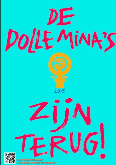 Helblauwe poster met tekst: de Dolle Mina's zijn terug