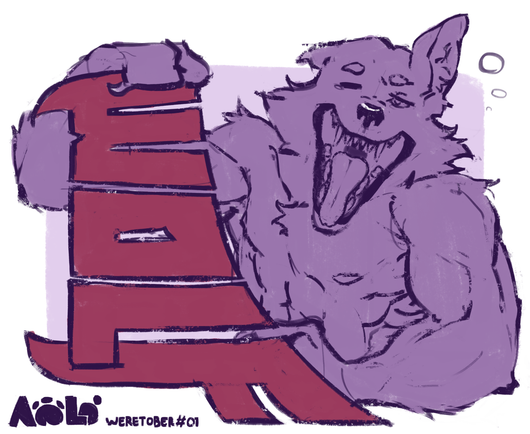 A werewolf yawning behind a big graphical word: "WOLF"