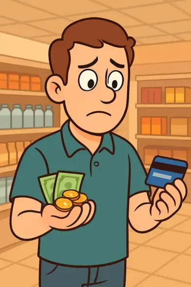 Ein Kunde im Supermarkt schaut ratlos auf seine Hände. In der einen Hand hält er Bargeld, in der anderen Hand eine Karte. Womit soll er bezahlen? Cartoonstyle