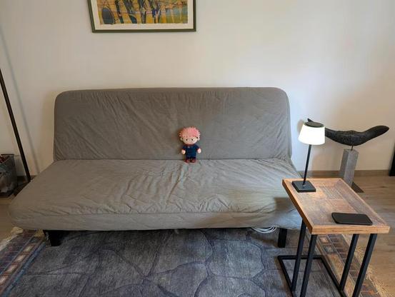 Ein graues Sofa, in "Sitzen"-Position.