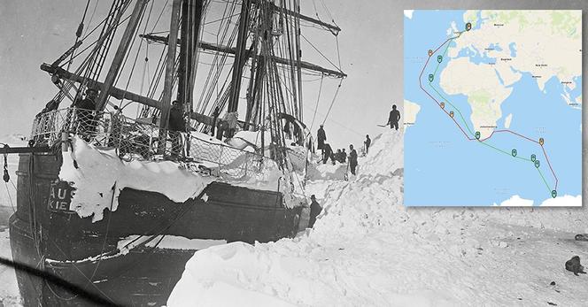 Das Eis eingeschlossene Segelschiff "Gauß" mit einigen Expeditionsteilnehmern im Bildmittelgrund. Eine Inselkarte zeigt die Expeditionsroute.