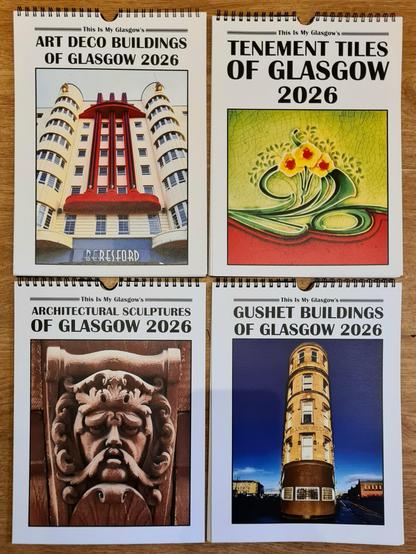 The covers of four calendars featuring the architecture of Glasgow.