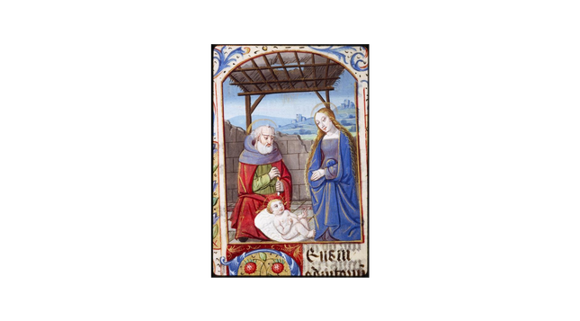 Un détail d'une enluminure qui représente l'Adoration du Christ. A droite, la Vierge, en bleu, debout, penche la tête vers la gauche, vers l'Enfant. Le Christ, couché sur un linge blanc, est tourné vers sa mère. A gauche, agenouillé, Joseph, en manteau rouge et vêtement vert, avec une barbe blanche, est légèrement derrière l'Enfant. Ils sont dans une sorte d'étable ouverte vers l'extérieur, avec un mur en pierres qui arrive à hauteur d'épaule et un toit en bois. Un paysage bleuté s'ouvre en arrière-plan. On devine une lettre ornée en bas et le début d'un texte