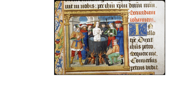 Petite enluminure encadrée de colonnes dorées fines. Un personnage nu, les mains liées sur la poitrine, est plongé dans un grand chaudron posé sur un feu. Autour, divers hommes vêtus de différentes couleurs (de droite à gauche : bleu, vert, gris, bleu doré) ; on devine des piques au fond à droite. En bas à droite, un homme agenouillé entretient le feu. En haut et à droite de l'image, on voit le texte en noir et rouge, avec une initiale ornée (dorée sur fond bleu) ; à gauche, une fine bordure décorative (végétaux, bandes dorées)