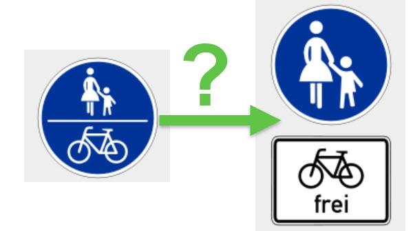 Links das alte blau weiße Verkehrsschild "gemeinsamer Fußweg und Radweg". Rechts das neue Schild "Nur Fußweg mit Zusatzschild Fahrräder frei". Vom alten zum neuen Schild ist ein grüner Pfeil gezeichnet mit einem Fragezeichen in gleicher Farbe darüber.