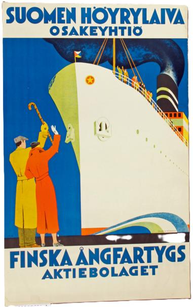Colorful old steamship poster from Finland. Text "Finnish Steamship Ltd". in Finnish top "Suomen Höyrylaiva Osakeyhtiö" and in Swedish bottom "Finska Ångfartygs Aktiebolaget". Source Finna.fi file ID 746624