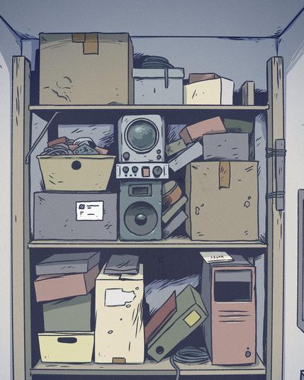 A wooden shelf with boxes and old electronic equipment staked into it. The boxes look worn and old, the equipment is mostly broken, pieces missing.